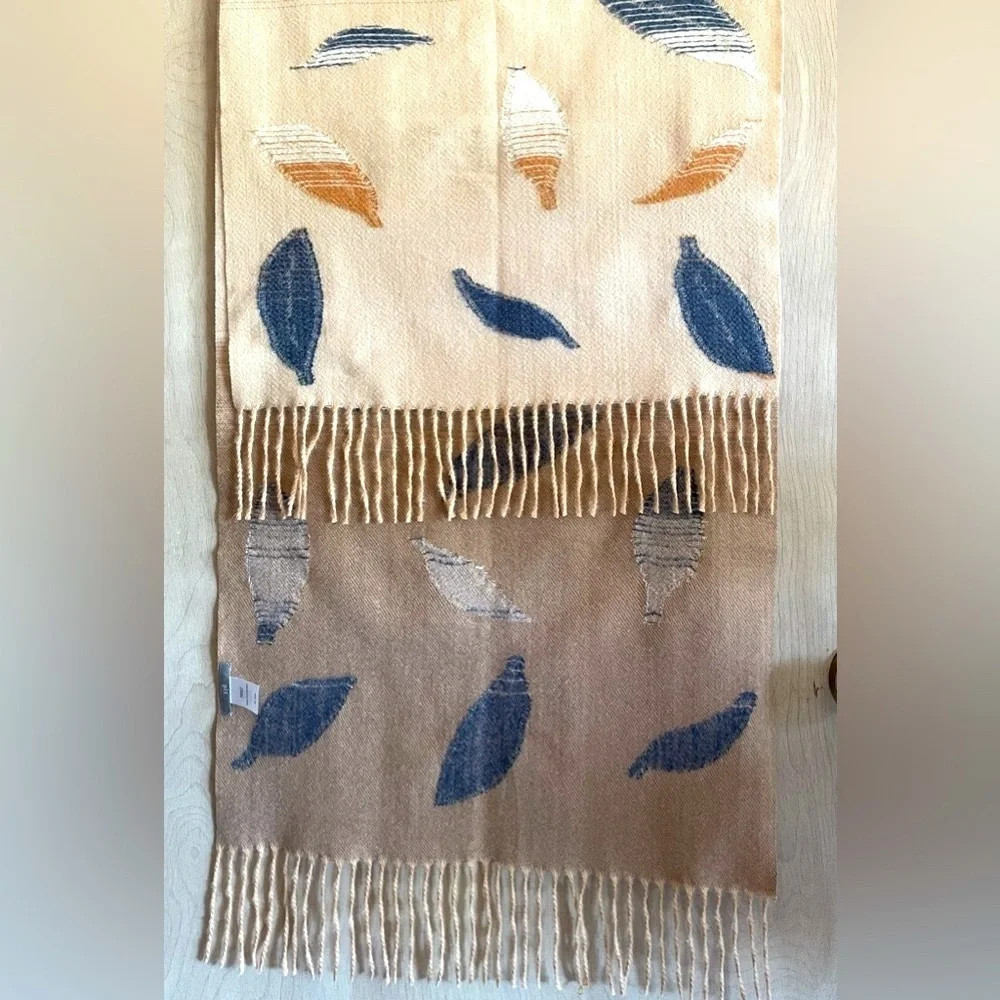 J Jill Scarf Blue Gold Leaves Natural Colored Gradient Background NWOT